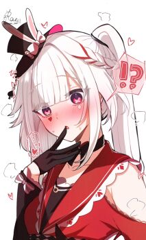 !? 1girl black_choker black_gloves black_hat blush braid choker clothing_cutout commentary_request diamond_(shape) diamond_facial_mark earrings facial_mark finger_to_mouth gloves hand_up hat heart heart_facial_mark highres honkai:_star_rail honkai_(series) jewelry long_hair looking_at_viewer mark_under_both_eyes mini_hat multicolored_hair open_mouth ranran_3939 red_eyes red_streaks shoulder_cutout signature simple_background solo sparkle_(honkai:_star_rail) sparxie_(honkai:_star_rail) speech_bubble streaked_hair sweatdrop twitter_username upper_body white_background white_hair