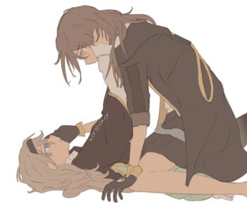 2girls arm_up artist_name belt black_gloves black_hairband black_jacket black_skirt blue_eyes closed_mouth commentary dress empty_eyes english_commentary feet_out_of_frame firefly_(honkai:_star_rail) from_side gloves green_dress grey_belt grey_hair hair_between_eyes hairband hand_on_another's_face honkai:_star_rail honkai_(series) jacket korshokor long_hair long_sleeves looking_down looking_up lying miniskirt multiple_girls neckerchief on_back open_clothes open_jacket puffy_long_sleeves puffy_sleeves sailor_collar seiza shirt sidelocks simple_background sitting sitting_on_person skirt stelle_(honkai:_star_rail) t-shirt trailblazer_(honkai:_star_rail) two-tone_dress white_background white_dress white_shirt yellow_eyes yellow_neckerchief yuri