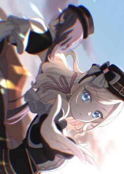 2girls bare_shoulders black_bow black_hair black_hat blue_eyes bow center_frills ceras_yanagida_lilienfeld closed_mouth clothing_cutout commentary edel_note expressionless foreshortening frills grey_bow grey_hair grey_shirt hair_ribbon hat hat_bow highres jellyfish_cut katsuragi_izumi light_frown link!_like!_love_live! long_hair looking_at_viewer love_live! multiple_girls nanase_itsuki outstretched_arm pink_ribbon retrofuture_(love_live!) ribbon shirt shoulder_cutout solo_focus v-shaped_eyebrows virtual_youtuber wavy_hair