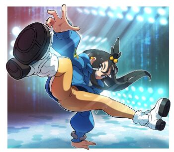 1girl absurdres ankle_boots black_hair blue_hoodie blue_jacket boots breakdance cube_hair_ornament dance_dance_revolution:_mario_mix ear_piercing floodlights full_body grin hair_bobbles hair_ornament hand_up handstand highres hood hood_down hoodie indoors jacket juno_son lida_(pokemon) long_hair looking_at_viewer mario_(series) mega_ring nintendo one_arm_handstand orange_leggings orange_pants outstretched_arm outstretched_hand pants piercing platform_boots pokemon pokemon_legends:_z-a pose_imitation smile solo spread_legs tight_clothes tight_pants topknot two-tone_legwear white_boots