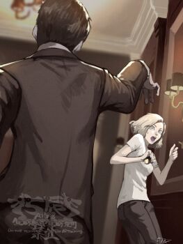 Rule 34 | 1boy, 1girl, 5tatsu, artist name, back, black hair, blonde hair, blue eyes, commentary request, denim, dutch angle, flashlight, from behind, grace ashcroft, grey eyes, highres, holding, holding flashlight, indoors, jeans, looking at another, open mouth, pants, resident evil, resident evil requiem, shirt, surprised, sweatdrop, wall lamp, watermark, white shirt, zombie