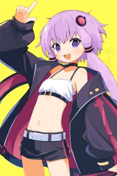 1girl absurdres belt blush choker crop_top flat_chest highres hip_bones jacket looking_at_viewer navel ogaoekaki open_mouth purple_eyes purple_hair short_shorts shorts smile solo vocaloid voiceroid yuzuki_yukari