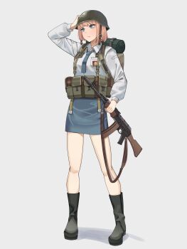 1girl absurdres ak-74 ammunition_pouch arm_up assault_rifle black_boots blonde_hair blue_eyes blue_necktie blue_skirt bob_cut boots brown_bag chest_rig closed_mouth collared_shirt combat_helmet commentary full_body gar32 gun hand_on_own_head helmet highres holding holding_gun holding_weapon indonesian_high_school_uniform kalashnikov_rifle long_sleeves looking_afar looking_ahead necktie original pouch puffy_long_sleeves puffy_sleeves rifle school_uniform shirt short_hair simple_background skirt solo standing symbol-only_commentary weapon white_background white_shirt