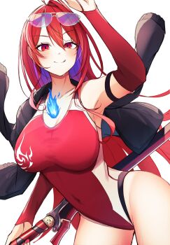 Rule 34 | 1girl, :q, absurdres, black jacket, blue fire, blue hair, blush, breasts, closed mouth, colored inner hair, competition swimsuit, covered navel, cowboy shot, elizabeth rose bloodflame, elizabeth rose bloodflame (holonatsu paradise), eyewear on head, fire, hair between eyes, highleg, highleg one-piece swimsuit, highres, holding, holding sword, holding weapon, hololive, hololive english, jacket, jacket on shoulders, jakoten (pixiv 54744064), large breasts, long hair, long sleeves, looking at viewer, multicolored hair, official alternate costume, one-piece swimsuit, red eyes, red hair, red one-piece swimsuit, sheath, sheathed, simple background, solo, split mouth, standing, sunglasses, swimsuit, sword, tongue, tongue out, two-tone hair, very long hair, virtual youtuber, weapon, white background