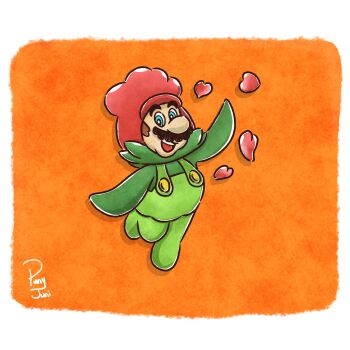 Rule 34 | 1boy, blue eyes, border, brown hair, flower costume, flower mario, full body, green overalls, highres, junithepuny, looking at viewer, mario, mario (series), nintendo, official alternate costume, open mouth, orange background, outside border, overalls, short hair, signature, solo, super mario bros. wonder, teeth, upper teeth only, white border