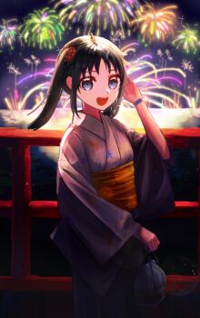 1girl adjusting_hair animal_print antenna_hair aqua_eyes artist_request bag child curled_fingers eyelashes female_focus fireworks fish_print flat_chest flower green_hair hair_flower hair_ornament hand_up happy highres holding holding_bag idolmaster idolmaster_cinderella_girls japanese_clothes kimono long_hair looking_at_viewer namco nanjo_hikaru night night_sky obi official_alternate_costume official_alternate_hairstyle open_mouth outdoors parted_bangs sash sidelocks sky standing summer_festival twintails white_kimono wide_sleeves wristband yukata
