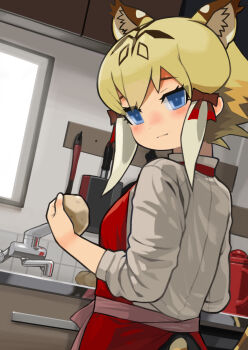 1girl :3 absurdres animal_ear_fluff animal_ears apron backlighting blonde_hair blue_eyes blush bow cabinet closed_mouth coffee_pot collared_shirt cooking counter dutch_angle extra_ears eyebrows eyelashes eyes_visible_through_hair faucet food from_behind from_side frying_pan hair_bow hand_up highres holding holding_food indoors jitome kemono_friends kitchen long_sleeves looking_at_viewer looking_back looking_to_the_side multicolored_hair nose_blush potato red_apron red_bow rinx shirt short_hair sidelocks sink sleeves_rolled_up smile smilodon_(kemono_friends) solo standing swept_bangs tail tiger_ears tiger_girl tiger_tail tiles two-tone_hair upper_body wall white_shirt window