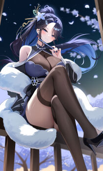 1girl absurdres bare_shoulders black_hair black_nails black_shoes blue_eyes blue_hair branch breasts brown_thighhighs cleavage closed_mouth commission crossed_legs earrings feather_boa flower folding_fan hair_flower hair_ornament hand_fan hand_up high_heels highres holding holding_fan iyusei_02 jewelry korean_clothes large_breasts long_hair looking_at_viewer mole mole_under_eye multicolored_hair nail_polish night night_sky original parted_bangs ponytail second-party_source see-through_cleavage see-through_clothes shin_ryu-hyang shoes sitting sky smile solo thighhighs thighs two-tone_hair
