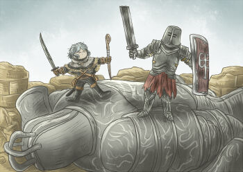 Rule 34 | 1boy, 1girl, armor, armored boots, black pants, black tunic, boots, breastplate, chosen undead, closed eyes, commentary request, dark souls (series), dark souls i, empthylee, full body, gauntlets, golem, grey hair, helm, helmet, holding, holding shield, holding staff, holding sword, holding weapon, iron golem (dark souls), iron tarkus, knight, messy hair, pants, shield, short hair, staff, standing, sword, tunic, weapon