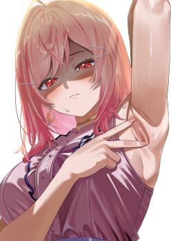 1girl ahoge arm_up armpit_focus armpits blush breasts center_frills closed_mouth commentary_request earrings frills gold_choker gold_earrings gradient_hair hair_between_eyes hair_ornament hairclip highres hololive hololive_dev_is ichijou_ririka ichijou_ririka_(1st_costume) jewelry large_breasts long_hair looking_at_viewer multicolored_hair nail_polish orange_eyes orange_hair orange_nails partially_shaded_face pendant_choker pink_hair pink_shirt presenting_armpit shirt shirt_tucked_in sideboob simple_background sleeveless sleeveless_shirt solo spread_armpit sweatdrop upper_body virtual_youtuber white_background zora_zzo