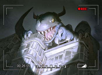 absurdres artist_name bly_mead building claws creature digimon digimon_(creature) fangs grey_sky greymon highres horns horror_(theme) monster no_humans recording saliva sky solo yellow_eyes
