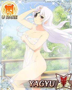 1girl adjusting_hair alternate_hairstyle border breasts card_(medium) character_name cleavage covering_breasts covering_privates day eyepatch game_cg groin large_breasts light_frown long_hair looking_at_viewer looking_to_the_side naked_towel official_art onsen red_eyes senran_kagura senran_kagura_new_wave solo standing steam third-party_source towel very_long_hair wet wet_towel white_hair yagyu_(senran_kagura)
