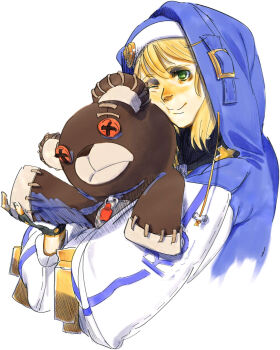 1boy absurdres black_gloves blonde_hair blue_jacket bridget_(guilty_gear) commentary_request cropped_torso drawstring fingerless_gloves gloves green_eyes guilty_gear guilty_gear_strive highres holding holding_stuffed_toy hood hood_up hooded_jacket jacket long_sleeves medium_hair multicolored_jacket one_eye_closed puffy_sleeves roger_(guilty_gear) simple_background smile storyteller777 stuffed_animal stuffed_toy teddy_bear trap two-tone_jacket white_background white_jacket