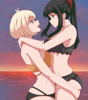 2girls bikini black_bikini black_hair blonde_hair chisato_carrying_takina_(lycoris_recoil) closed_mouth commentary eye_contact hair_ornament hair_scrunchie highres horizon inoue_takina long_hair looking_at_another lycoris_recoil multiple_girls nishikigi_chisato one_side_up open_mouth orange_bikini ponytail purple_eyes red_eyes red_scrunchie scene_reference scrunchie short_hair sidelocks swimsuit teeth yuri yuriyurisuki