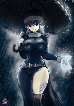 1girl belt black_eyes blue_hair breasts closed_mouth curly_hair fairy_tail fur-trimmed_headwear fur_collar fur_trim hat highres holding holding_umbrella juvia_lockser large_breasts leg_tattoo looking_at_viewer rain smile solo tattoo the_golden_smurf thighs umbrella wide_hips