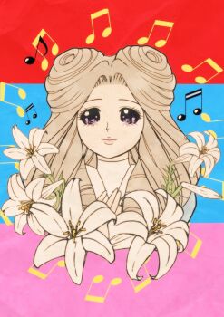 Rule 34 | 1girl, burning isaka, commentary request, drill hair, flower, hand on own chest, highres, justice gakuen, kirishima yurika, light brown hair, lily (flower), long hair, moero! justice gakuen, multicolored background, musical note, purple eyes, retro artstyle, solo, sparkling eyes, three-toned background, turtleneck, twin drills