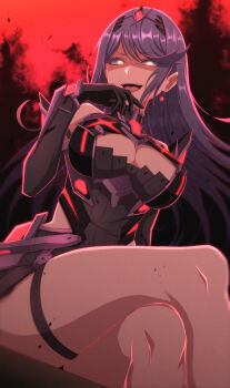 absurdres bare_shoulders black_background black_dress black_hair breasts chest_jewel cleavage cleavage_cutout clothing_cutout core_crystal_(xenoblade) corruption crossed_legs dark_persona dress earrings highres jewelry large_breasts mebi_il microdress mythra_(xenoblade) nintendo official_alternate_color red_background sitting super_smash_bros. tiara xenoblade_chronicles_(series) xenoblade_chronicles_2 yellow_eyes