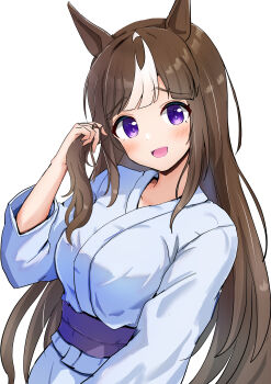 1girl absurdres animal_ears blush breasts brown_hair grey_kimono highres hokko_tarumae_(umamusume) horse_ears horse_girl ikaashi_you japanese_clothes kimono long_hair long_sleeves looking_at_viewer medium_breasts multicolored_hair open_mouth purple_eyes simple_background smile solo umamusume white_background