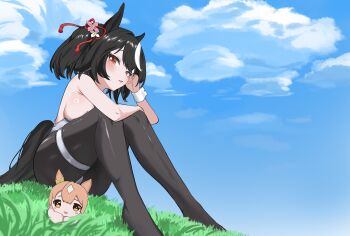 Rule 34 | 2girls, absurdres, animal ears, bare shoulders, black hair, black pantyhose, blue sky, breasts, character request, chibi, cloud, cloudy sky, commentary request, day, hair between eyes, hair ornament, hair ribbon, highres, horse ears, horse girl, horse tail, kitasan black (umamusume), knees up, large breasts, leotard, looking at viewer, multicolored hair, multiple girls, nontraditional playboy bunny, open mouth, outdoors, pantyhose, red eyes, red ribbon, ribbon, short hair, sitting, sky, strapless, strapless leotard, streaked hair, tail, two side up, umamusume, white leotard, white streaks, white wrist cuffs, wrist cuffs, yurian (pixiv100542063)