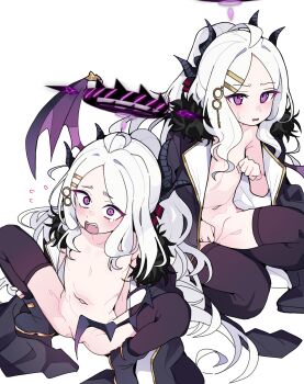 1girl absurdres blue_archive halo highres hina_(blue_archive) horns loli long_hair multiple_views pearlgang_e purple_eyes simple_background squatting thighhighs white_background white_hair wings