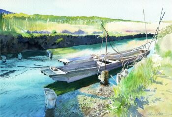 aris_0827 boat commentary_request day grass highres no_humans original outdoors painting_(medium) river rowboat scenery traditional_media water watercolor_(medium) watercraft