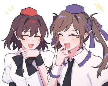 Rule 34 | +++, 2girls, :d, ^ ^, black bow, black bowtie, black necktie, bow, bowtie, brown hair, closed eyes, collared shirt, commentary request, frilled shirt collar, frills, hand up, hat, highres, himekaidou hatate, laughing, long hair, multiple girls, necktie, open mouth, pointy ears, puffy short sleeves, puffy sleeves, purple hat, red hat, sakic43899, shameimaru aya, shirt, short sleeves, simple background, smile, tokin hat, touhou, twintails, upper body, white background, white shirt, wristband