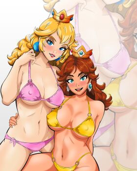 2girls arm_around_waist arm_behind_back arm_support bikini blonde_hair blue_eyes blush breasts brown_hair cameltoe cleavage covered_erect_nipples green_eyes half-closed_eyes highres legs long_hair mario_(series) multiple_girls navel nintendo o-ring o-ring_bikini open_mouth parted_lips pink_bikini pink_lips princess princess_daisy princess_peach seductive_gaze seductive_smile short_hair side-tie_bikini_bottom sitting smile swimsuit teeth thighs thong_bikini toned tongue yellow_bikini