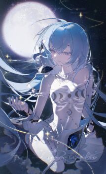 1girl absurdres ahoge bare_shoulders bead_necklace beads blue_eyes blue_hair closed_mouth double-parted_bangs dress full_moon hair_between_eyes hand_up highres jewelry long_hair loobookk moon necklace original sitting solo strapless strapless_dress watermark white_dress