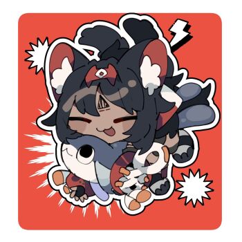 1girl animal_ear_fluff animal_ears barcode barcode_tattoo black_gloves black_hair border byako_(srktn) cat_ears cat_girl cat_tail chibi chibi_only closed_eyes commentary_request facial_mark fish forehead_mark forehead_tattoo gloves hairband highres lightning_bolt_symbol nekomiya_mana open_mouth outline red_background red_hairband red_sleeves round_border solo tail tattoo triangle triangle_facial_mark white_border white_outline zenless_zone_zero