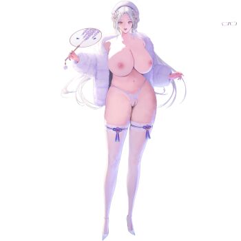 1girl albino blue_butterfly blue_nails breasts bug butterfly chinese_knot cleavage coat crotchless crotchless_panties dress earrings floral_print flower full_body fur_coat game_asset glasses hair_flower hair_ornament hair_rings hand_fan hat high_heels highres holding holding_fan hoop_earrings huge_breasts hyulla insect jewelry lace lace-trimmed_thighhighs lace_panties lace_trim last_origin lips long_hair long_legs looking_at_viewer micro_panties nail_art nail_polish navel nipples non-web_source official_alternate_costume official_art open_clothes open_coat open_mouth panties pearl_earrings pearl_thong pom_pom_(clothes) prototype_labiata red_eyes self-datamine shoes simple_background skindentation solo standing string_panties tachi-e teeth thick_thighs thighhighs thighs transparent_background underwear unworn_eyewear upper_teeth_only very_long_hair white_coat white_flower white_fur white_hair white_hat white_panties white_shoes white_thighhighs
