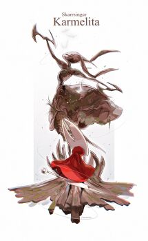 Rule 34 | 1girl, arm up, artist name, ben-day dots, character name, cloak, closed eyes, commentary, english commentary, facing up, from behind, highres, hightguy, holding, holding weapon, hollow knight, hollow knight: silksong, hornet (hollow knight), horns, needle (hollow knight), red cloak, screentones, skarrsinger karmelita (hollow knight), solo, statue, thread, weapon