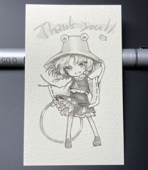 Rule 34 | 1girl, chakram, commentary request, deformed, frilled skirt, frills, full body, hair ribbon, hand on headwear, hat, loafers, long sleeves, looking at viewer, moriya suwako, photo (medium), ribbon, ribbon-trimmed sleeves, ribbon trim, s.mamiya, shoes, skirt, smile, solo, thank you, thighhighs, touhou, traditional media, tress ribbon, vest, weapon, wide sleeves