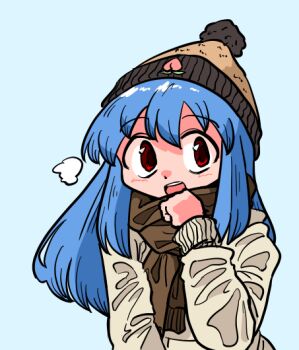 1girl alternate_costume alternate_headwear blue_background blue_hair blush brown_scarf commentary_request food_print fruit_print hat hinanawi_tenshi kasuya_baian long_hair looking_at_viewer open_mouth red_eyes scarf simple_background solo sweater teeth touhou upper_teeth_only winter_clothes yellow_sweater