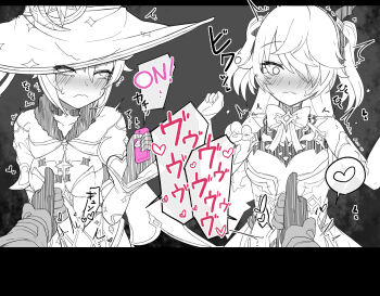 3girls ^^^ blush bow bowtie breasts capelet closed_mouth constricted_pupils controller double_thumbs_up dress elbow_gloves embarrassed english_text eyepatch female_focus female_pov fischl_(genshin_impact) genshin_impact gloves grey_background greyscale hair_between_eyes hair_over_one_eye hair_ribbon half-closed_eyes hand_up hands_up hat heart holding holding_remote_control japanese_text letterboxed long_hair long_sleeves lucifina_006 lumine_(genshin_impact) medium_breasts mixed-language_text mona_(genshin_impact) monochrome multiple_girls nose_blush one_eye_covered pov remote_control remote_control_vibrator ribbon sex_toy simple_background sleeveless sleeveless_dress speech_bubble spoken_heart spot_color standing surprised sweat tears thumbs_up translation_request trembling two_side_up upper_body v-shaped_eyebrows vibrator vibrator_under_clothes wavy_mouth witch witch_hat