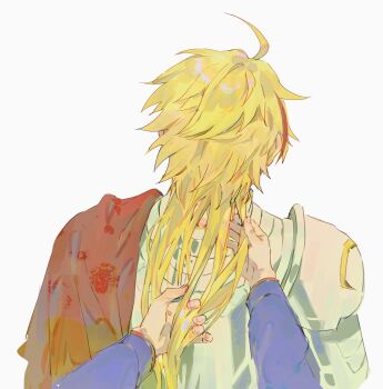 Rule 34 | 1boy, 1girl, ahoge, blonde hair, chinese text, fate/strange fake, fate (series), from behind, k0rn 600, long hair, long sleeves, multicolored hair, out of frame, pov, pov hands, red hair, red streaks, richard i (fate), sajou ayaka (fate/strange fake), side cape, simplified chinese text, streaked hair, untying hair, upper body, white background