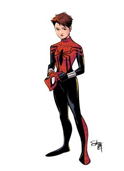 Rule 34 | 1girl, animal print, arthropod girl, artist name, blue bodysuit, bodysuit, brown hair, comickergirl, highres, insect girl, marvel, mask, mayday parker, multicolored bodysuit, print bodysuit, red bodysuit, removing mask, short hair, signature, simple background, solo, spider-girl, spider-man (series), spider girl, spider print, spider web print, superhero costume, two-tone bodysuit, white background