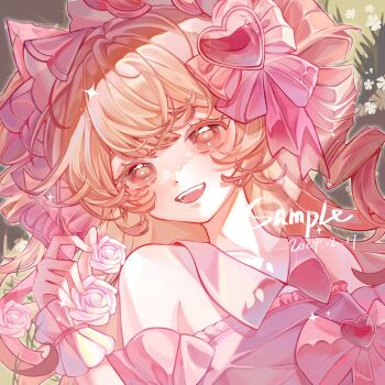 Rule 34 | 1girl, absurdres, blonde hair, blunt bangs, bow, collarbone, dated, detached sleeves, eyelashes, fingernails, flower, frills, hair bow, hair ornament, happy, headdress, heart, highres, holding, holding flower, liu letian, long hair, looking at viewer, nail polish, open mouth, original, pink bow, pink eyes, pink flower, pink nails, pink rose, pink wrist cuffs, portrait, rose, sample watermark, sidelocks, solo, square, teeth, tongue, upper body, upper teeth only, watermark, white flower, wrist cuffs