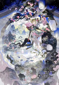 1girl absurdres architecture bird bird_hair_ornament brown_hair chinese_clothes cleavage_cutout clothing_cutout commission dress east_asian_architecture eteru floating flower food fruit full_body hair_flower hair_ornament highres lantern layered_sleeves long_sleeves medium_hair mihuashi_commission night original outdoors peach peach_tree sample_watermark shoes sky socks solo star_(sky) swallow_(bird) tree watermark white_socks