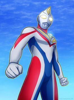 1boy absurdres alien armor arms_at_sides blue_skin blue_sky breastplate clenched_hands cloud cloudy_sky color_timer colored_skin commentary compound_eyes cowboy_shot crystal day dorsal_fin forehead_jewel from_below giant giant_male glowing glowing_eyes gradient_eyes gradient_sky hetareman highres looking_ahead male_focus multicolored_eyes multicolored_skin no_pupils outdoors outline pectorals red_skin silver_skin sky solo standing tokusatsu toned toned_male twitter_username ultra_series ultraman_dyna ultraman_dyna_(flash_type) ultraman_dyna_(series) white_eyes yellow_eyes yellow_outline