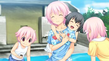 10s blush breasts character_request child closed_eyes game_cg hair_ornament highres koutaro open_mouth pink_eyes pink_hair short_hair smile takara_ichiko tropical_kiss tropical_vacation twinkle_(company)