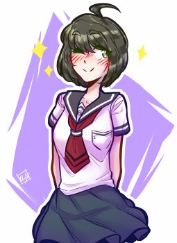 1girl ahoge blue_sailor_collar blue_skirt blush breast_pocket breasts closed_mouth collared_shirt commentary cosmiccolours danganronpa_(series) danganronpa_another_episode:_ultra_despair_girls english_commentary eyelashes green_eyes green_hair highres naegi_komaru necktie one_eye_closed outline pocket red_necktie sailor_collar school_uniform serafuku shirt short_hair skirt smile solo sparkle white_outline white_shirt