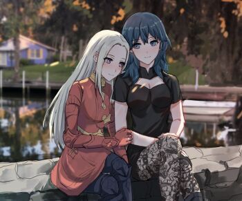 2girls ankle_boots armor arms_around_waist blonde_hair blue_eyes blue_hair blush boots breasts female_byleth_(fire_emblem) cape couple edelgard_von_hresvelg emika_(ww66229393) fire_emblem fire_emblem:_three_houses gloves hair_ornament highres jewelry long_hair medium_breasts medium_hair multiple_girls nintendo ornate_ring pantyhose purple_eyes red_cape ring sitting smile upper_body yuri