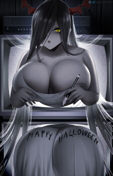 1girl absurdly_long_hair ass azur_lane black_hair breasts cleavage colored_skin cosplay friedrich_der_grosse_(azur_lane) gdat hair_over_one_eye highres horns huge_breasts long_hair red_horns solo static the_ring very_long_hair videocassette_recorder white_skin yamamura_sadako yamamura_sadako_(cosplay) yellow_eyes