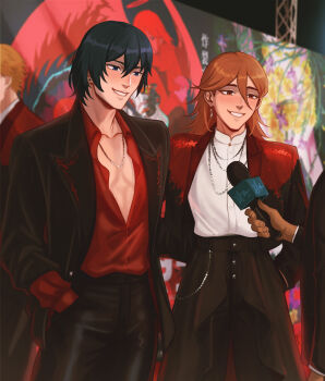 2boys absurdres angel_devil_(chainsaw_man) black_hair black_pants black_suit blue_eyes blurry blurry_background blush chainsaw_man chalseu ear_piercing earrings feet_out_of_frame formal_clothes hand_in_pocket hayakawa_aki highres implied_yaoi jewelry long_sleeves male_focus medium_hair microphone movie_poster multiple_boys necklace orange_eyes orange_hair pants parted_lips pectoral_cleavage pectorals piercing red_shirt red_suit shirt smile suit teeth white_shirt