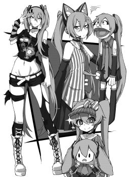 2025_hatsune_miku_look-alike_contest 3girls :/ absurdres alternate_costume animal_ear_headphones animal_ears arm_tattoo arm_warmers belt bow bright_pupils cat_ear_headphones cat_ears character_doll character_print commentary cropped_shirt diagonal-striped_bow doll dress eyelashes fake_animal_ears fuwapuchi gir_(dog_costume)_(invader_zim) gir_(invader_zim) greyscale hand_puppet hand_up hat hatsune_miku headphones highres holding holding_stuffed_toy invader_zim kekel looking_at_viewer mcdonald&#039;s mesmerizer_(vocaloid) monochrome multiple_girls navel necktie off-shoulder_shirt off_shoulder pantyhose pleated_skirt puppet shakacat shirt shorts simple_background single_arm_warmer skirt sleeveless sleeveless_shirt striped_arm_warmers striped_bow striped_clothes striped_shirt stuffed_toy tattoo thighs tie_clip torn_clothes torn_pantyhose vertical-striped_clothes vertical-striped_shirt visor_cap vocaloid white_background white_belt