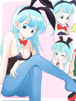 1boy 1girl animal_ear_hairband animal_ears applying_lipstick applying_makeup aqua_eyes aqua_hair black_leotard blue_pantyhose blush border bow bowtie breasts bulma cleavage closed_mouth commentary compact_(cosmetics) cosmetics detached_collar dragon_ball dragon_ball_(classic) fake_animal_ears hairband hands_on_own_face heart high_heels highleg highleg_leotard highres holding holding_compact holding_lipstick_tube legs leotard lipstick_tube long_hair looking_at_viewer medium_breasts multiple_views official_alternate_costume one_eye_closed open_mouth outside_border pantyhose pink_background pink_lips playboy_bunny rabbit_ear_hairband rabbit_ears red_bow red_bowtie red_shoes shoes smile solo_focus strapless strapless_leotard thighs white_border wrist_cuffs xenodoujin yamcha