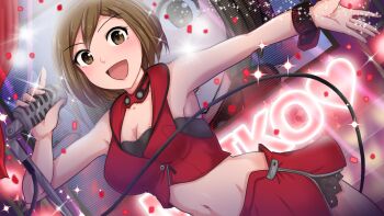 1girl bare_shoulders blush breasts brown_eyes brown_hair character_name cleavage commentary_request confetti crop_top hamu_agaki highres jacket looking_at_viewer meiko_(vocaloid) microphone_stand midriff navel open_mouth red_jacket red_skirt short_hair skirt sleeveless solo stage vocaloid wristband