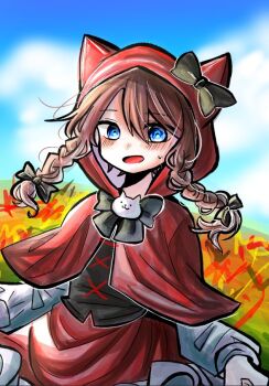 Rule 34 | 1girl, animal ear hood, animal ears, black bow, blue eyes, blue sky, bow, braid, brown hair, cat brooch, cat ears, cloak, commentary request, fake animal ears, hood, hood up, hooded cloak, long hair, long sleeves, looking at viewer, low twin braids, minya (nyanko daisensou), nyanko daisensou, open mouth, red cloak, red hood, sky, solo, sweatdrop, twin braids, upper body, vingjw5wrk43061