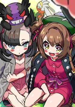 2girls :d arm_up asymmetrical_bangs black_hair black_jacket blurry blurry_foreground blush_stickers boots borrowed_clothes brown_footwear brown_hair buttons cable_knit cardigan collared_dress commentary_request day dress earrings gen_8_pokemon gloria_(pokemon) green_eyes green_headwear grey_cardigan hair_ribbon hat highres jacket jewelry kingin marnie_(pokemon) morpeko morpeko_(hangry) multiple_girls nintendo on_head open_clothes open_jacket open_mouth outdoors pink_dress pokemon pokemon_(creature) pokemon_on_head pokemon_swsh raboot ribbon short_hair smile squatting tam_o'_shanter