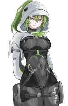1girl absurdres arknights arknights:_endfield arms_behind_back black_bodysuit bodysuit breasts clothes_writing commentary covered_navel cowboy_shot deser99 endfield_industries_logo english_commentary fluorite_(arknights) framed_breasts green_eyes green_hair hair_between_eyes hair_ornament hairclip highres hood hood_up light_smile long_sleeves looking_at_viewer medium_breasts medium_hair simple_background solo standing strap twitter_username